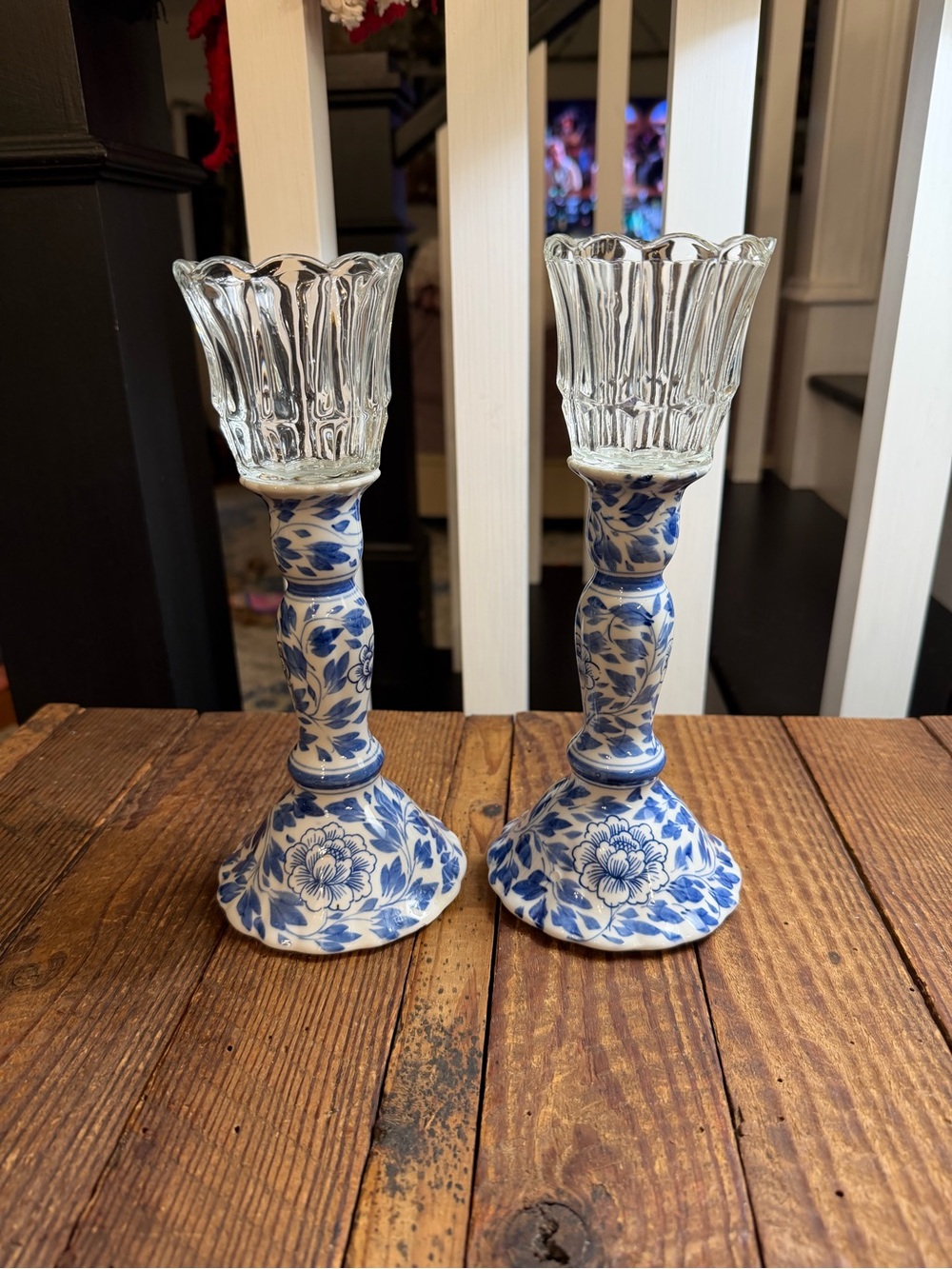 Pair of Blue and White Ceramic Candlesticks with Vintage Tulip Glass Votive Cups